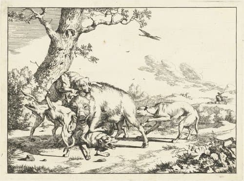 Zwijn aangevallen door vier jachthonden by Marcus de Bye