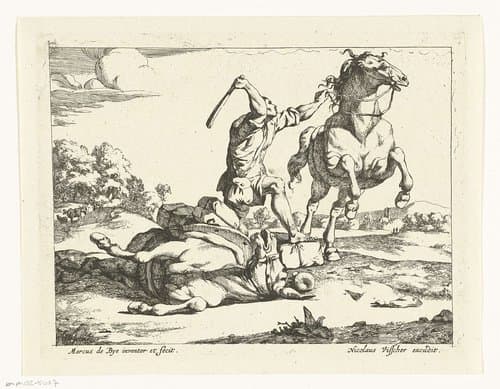 Muilezeldrijver slaat een paard by Marcus de Bye