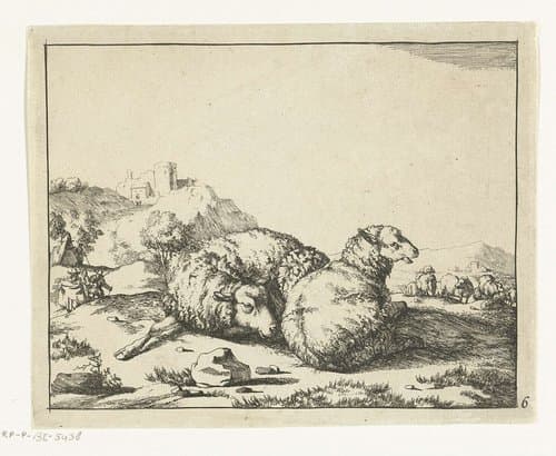 Twee liggende schapen, bergdorpje op achtergrond by Marcus de Bye