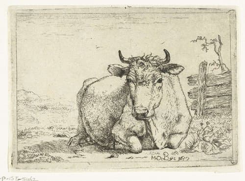 Rustende koe, bij hek by Marcus de Bye