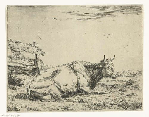 Rustende koe bij een hek by Marcus de Bye
