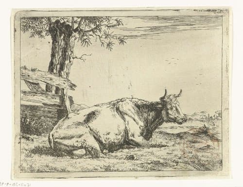 Rustende koe bij een hek by Marcus de Bye