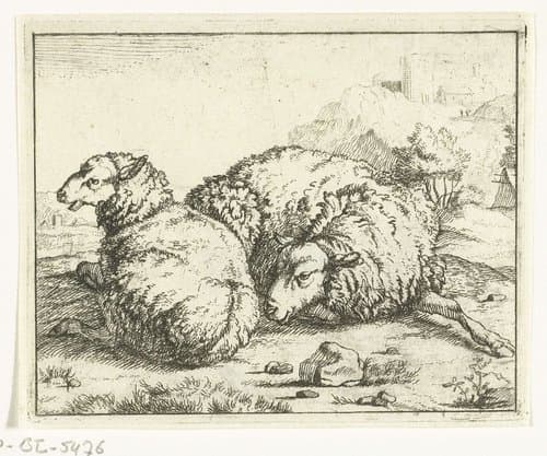Twee liggende schapen, bergdorpje op achtergrond by anonymous