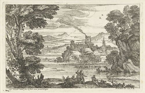Landschap met hond aan waterkant by Adriaen van der Kabel