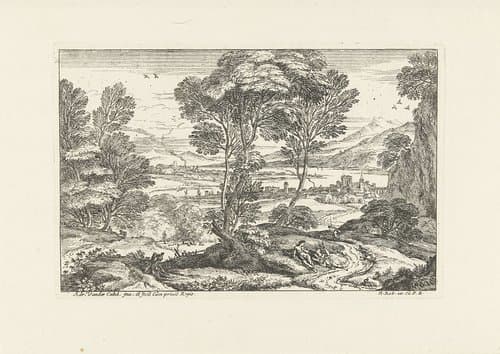 Landschap met rustend stel langs pad by Adriaen van der Kabel