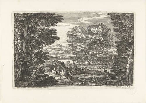 Landschap met twee personen tegenover elkaar zittend by Adriaen van der Kabel