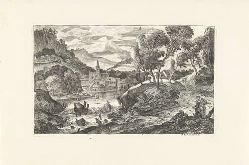 Landschap met waterval en dorp by Adriaen van der Kabel