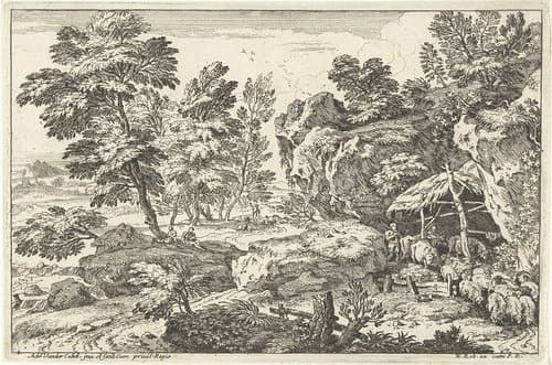 Landschap met schaapskooi by Adriaen van der Kabel