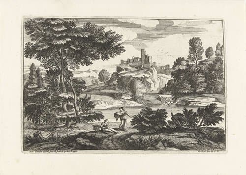 Landschap met twee vrouwen bij de waterkant by Adriaen van der Kabel