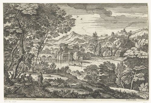 Landschap met drie personen onder een boom by Adriaen van der Kabel