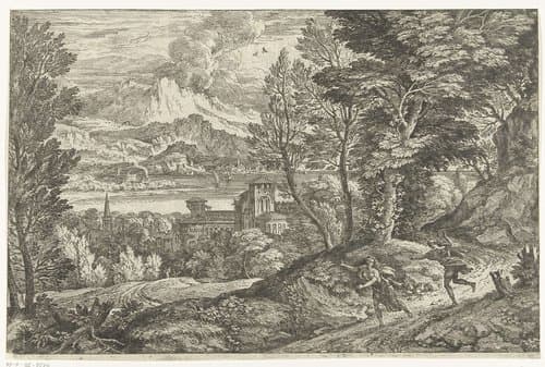 Vrouw achterna gezeten door jongeman by Adriaen van der Kabel