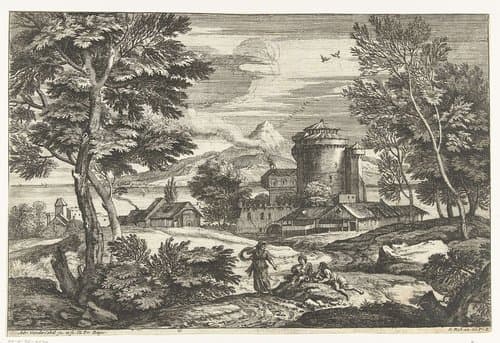 Landschap met drie personen nabij dorp by Adriaen van der Kabel