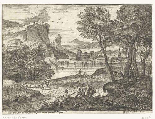 Landschap met drie personen langs pad by Adriaen van der Kabel