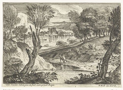 Twee personen langs rivier lopend by Adriaen van der Kabel