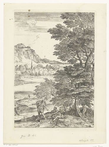 Landschap met man zittend onder boom by Adriaen van der Kabel
