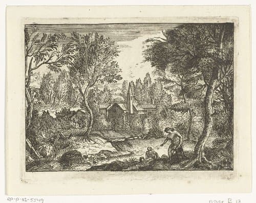 Landschap met man zittend op boomstronk by anonymous