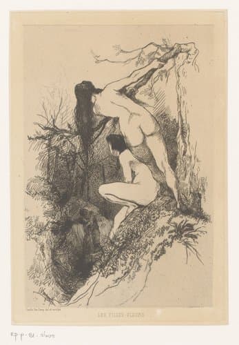 Twee naakte vrouwen bespieden een zoenend paar by Camille Van Camp