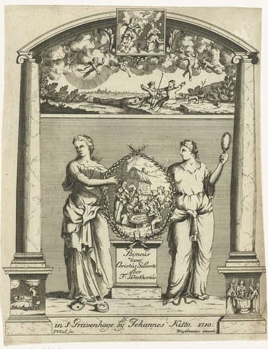 Twee vrouwen tonen een medaillon met de aanbidding door de herders by Pieter van Call (II)