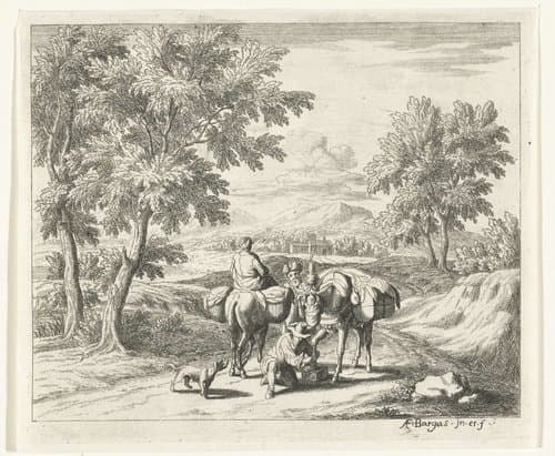 Landschap met muilezeldrijver die poot van ezel verzorgt