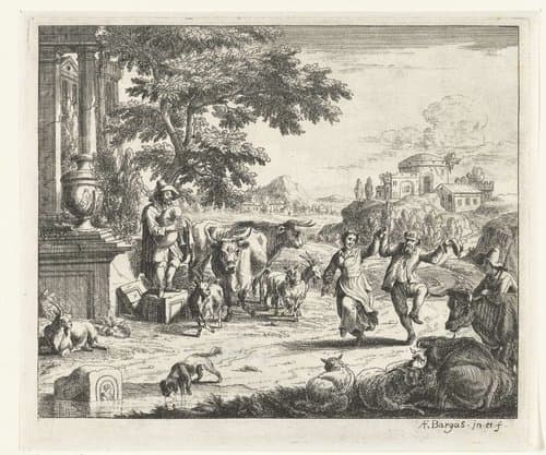 Landschap met dansende man en vrouw en doedelzakspeler bij ruïnes