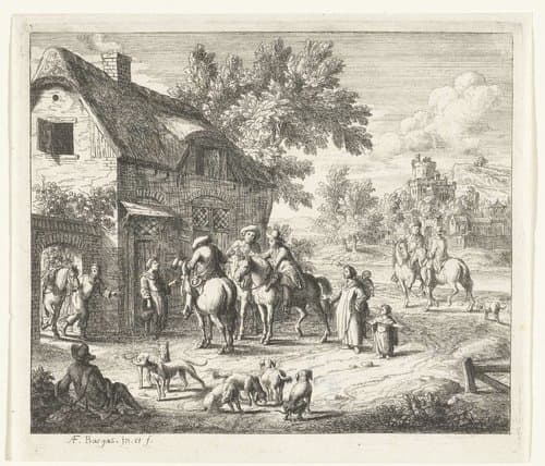 Landschap met drie jagers te paard en honden voor herberg