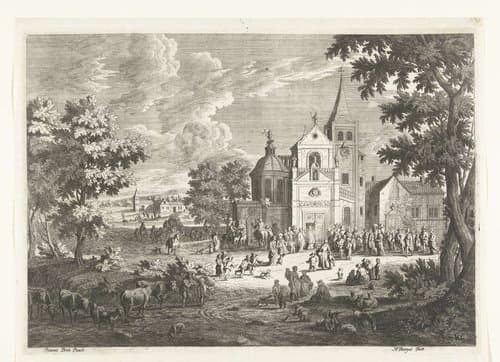 Dorpsgezicht met kerk waar geestelijke wacht op bruidspaar