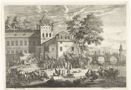 Stadsgezicht met markt voor stadspoort by Franciscus de Bargas