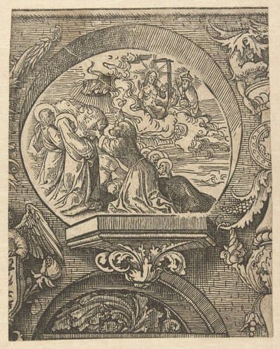 De hemelvaart en Christus voor God de Vader by Jacob Cornelisz van Oostsanen