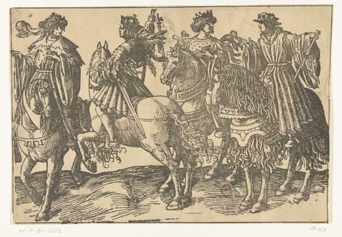 Een groep van vier ruiters by Jacob Cornelisz van Oostsanen