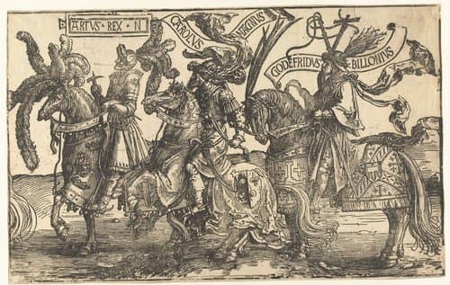 De helden Koning Arthur, Karel de Grote en Godfried van Bouillon by Lucas van Leyden