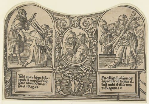 Abraham met Isaak en de weduwe van Zarfath by Jacob Cornelisz van Oostsanen