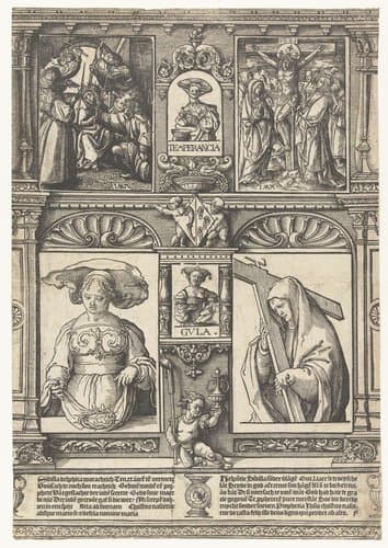 Blad met twee Sibyllen en twee scènes uit het passieverhaal. by Jacob Cornelisz van Oostsanen