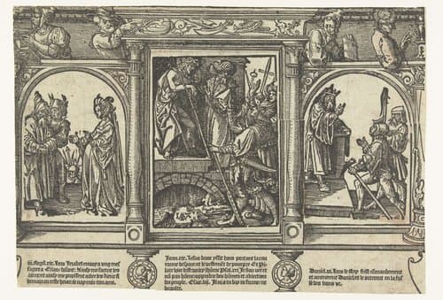 Pilatus toont Christus aan het volk (Ecce Homo), Izabel bedreigt Elia en de Babyloniërs eisen Daniëls dood. by Jacob Cornelisz van Oostsanen