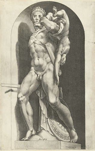 Beeld van een naakte krijgsman met het lichaam van een dood kind by Cornelis Cort