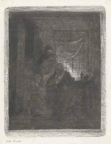 Biddend gezin voor een bedstede by Jacobus Ludovicus Cornet