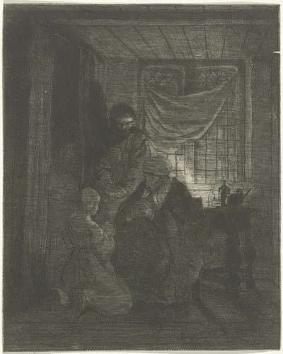 Biddend gezin voor een bedstede by Jacobus Ludovicus Cornet