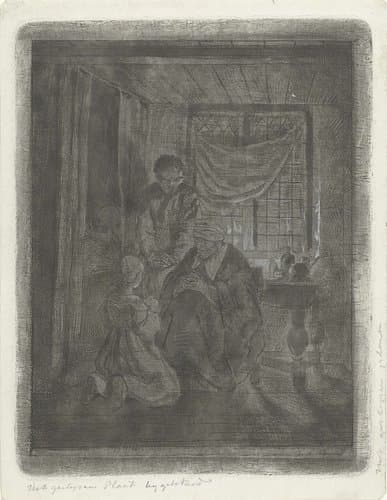 Biddend gezin voor een bedstede by Jacobus Ludovicus Cornet