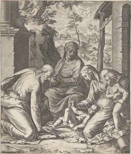 Heilige Familie met Anna en Johannes de Doper als kind by Cornelis Cort