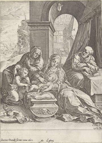 Heilige Familie met Anna en Johannes de Doper by Cornelis Cort