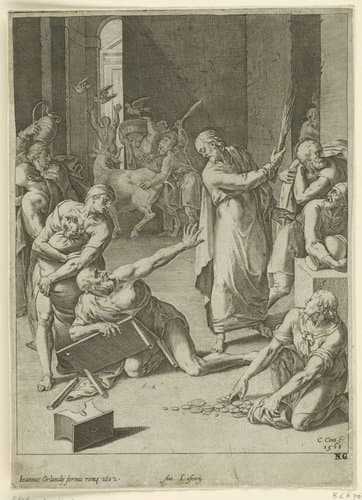 Christus verdrijft de geldwisselaars uit de tempel by Cornelis Cort