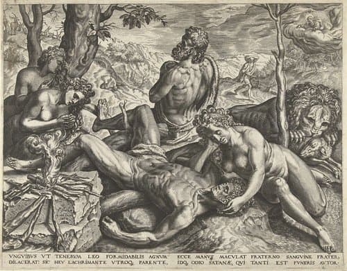 Adam en Eva bewenen de dode Abel by Cornelis Cort