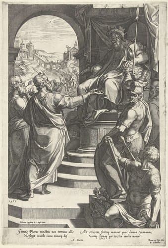 Mozes en Aaron voor de farao by Cornelis Cort