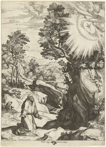 Landschap met het visioen van de H. Franciscus van Assisi by Cornelis Cort
