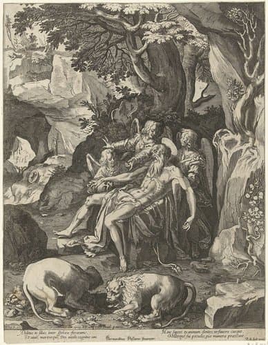 De H. Hieronymus gedragen door drie engelen by Cornelis Cort