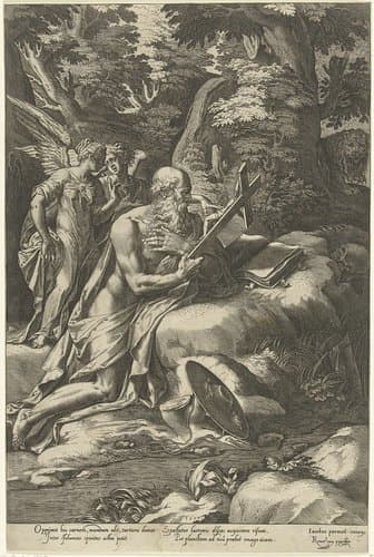 Hieronymus met twee engelen by Cornelis Cort