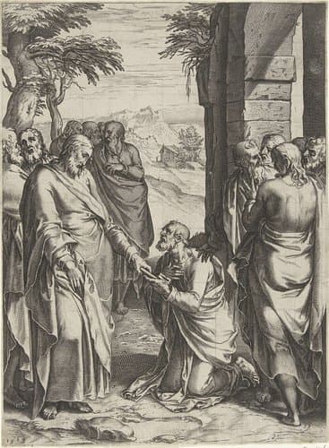 Christus geeft de sleutels van de kerk aan Petrus by Cornelis Cort