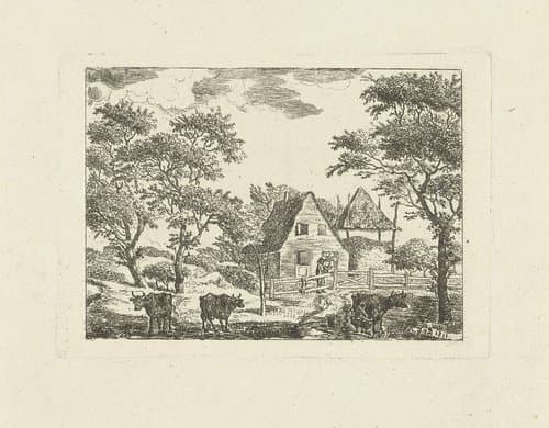 Landschap met boerderij en koeien in weiland by Jan van Delden