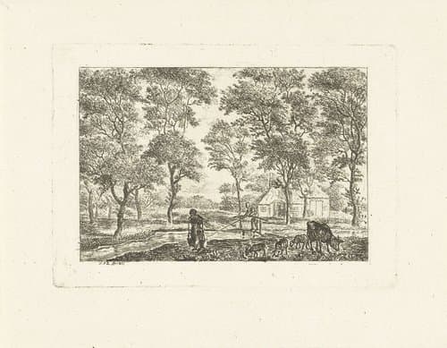Landschap met vee en melkmeid met juk bij sloot met visser