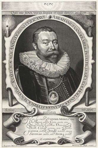 Portret van Abraham van der Meer op 42-jarige leeftijd met portret miniatuur van zijn vrouw Maria van den Corput op 23-jarige leeftijd by Willem Jacobsz Delff