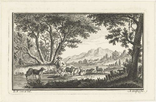 Landschap met herder en kudde schapen by Abraham Delfos